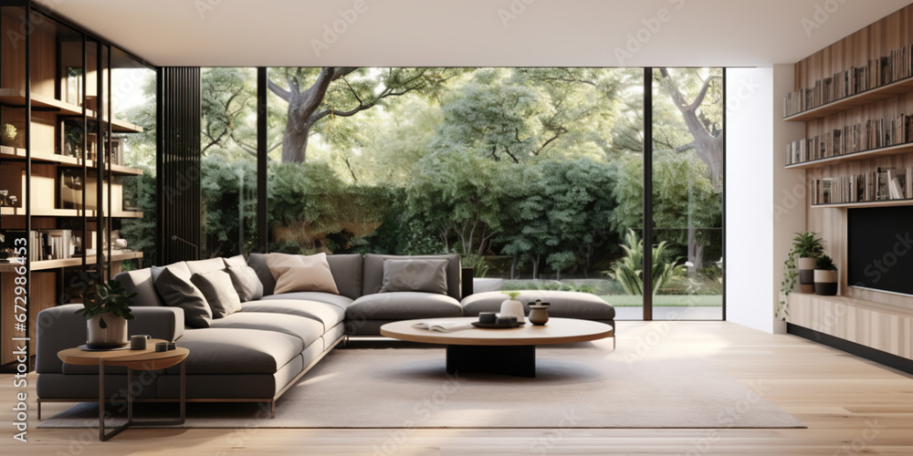 A modern minimal living room with clean lines, wood and leather sofa A modern minimal living room with clean lines, wood and leather sofa