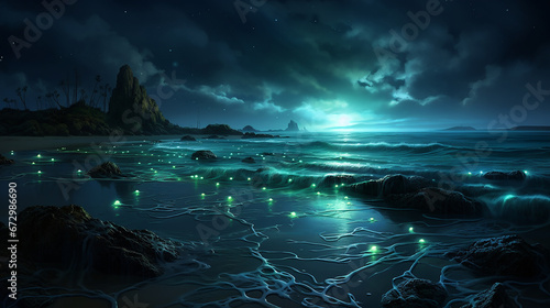surreal scene of bioluminescent plankton