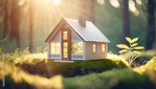 charming eco-friendly mini house nestled in a garden  adorned with windows and a welcoming door  symbolizing sustainable real estate investments blending with the beauty of nature in the warm sunlight