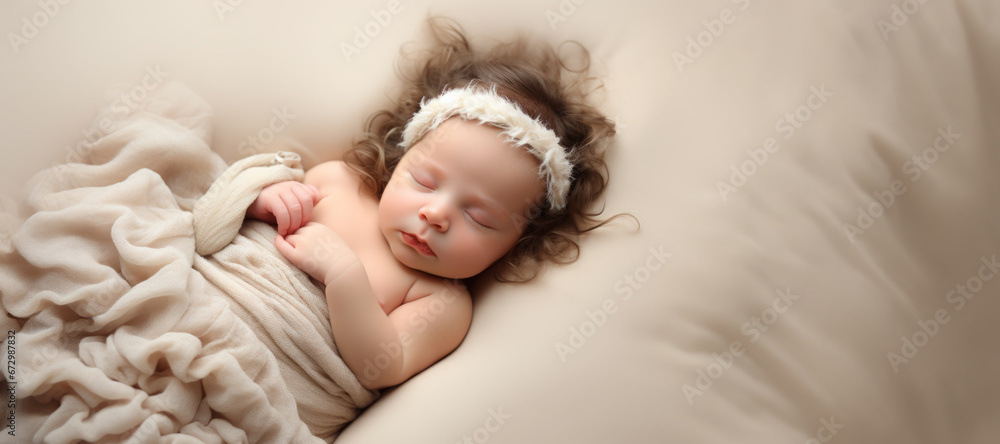 Cute little baby sleeping on comfortable bed. Top View Shot Cute little baby sleeping on comfortable bed. Top View Shot