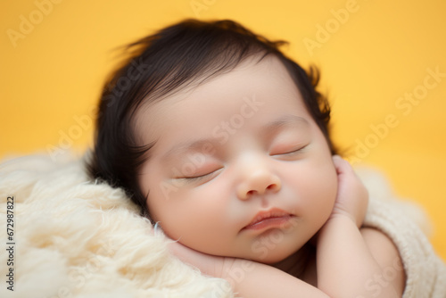 Close up view of cute little baby sleeping on comfortable bed. Parenthood concept.