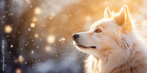 Finnish Lapphund dog outdoors, sunlit and snowing, winter holiday season, wide banner, bokeh, copyspace