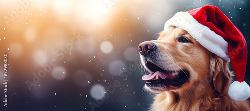 Golden retriver dog wearing red Santa Claus hat outdoors in the snow, bokeh, Christmas winter holiday season, wide banner, copyspace photo