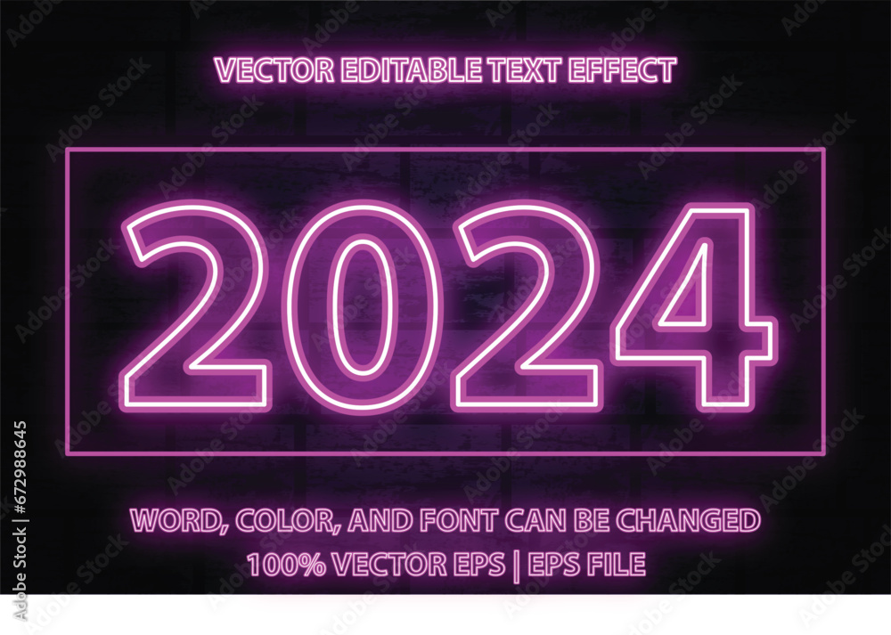 3d editable text effect new year 2024, effect font with glowing purple neon glow style for headlines, logos or promotions at new year and Christmas events in December vector template