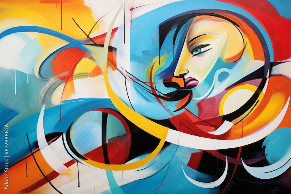 A colorful painting of a wavy lines around the face. Dynamic and dramatic compositions.