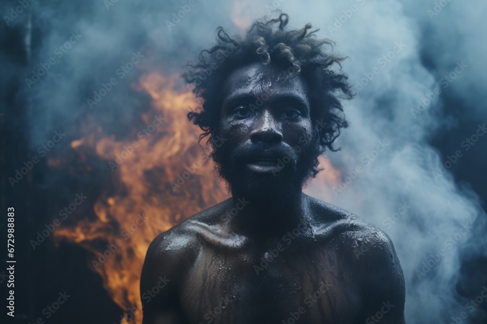 Portrait of a black man sweating in front of smoke and fire. Art concept.