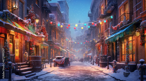 A snowy street with colorful Christmas lights.