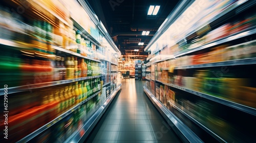 Abstract blurred supermarket aisle with colorful shelves and unrecognizable customers as background photo