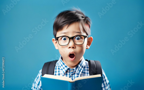 本を読んでいる小学生が驚いた顔 photo
