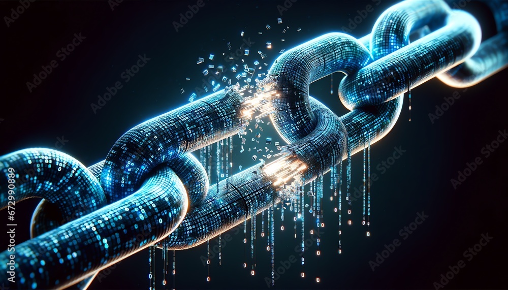 A chain link forged from strands of digital code, now broken, symbolizing the powerful act of breaking free from the chains of cyberbullying. - obrazy, fototapety, plakaty 
