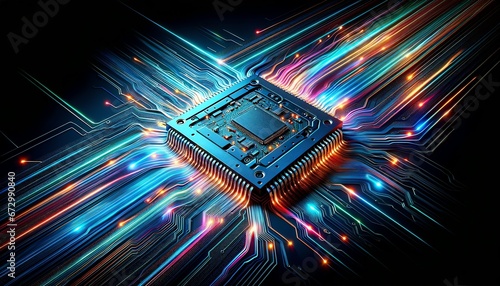 A microchip, with light trails streaming across its surface, representing the dynamic flow of data. The image highlights the remarkable advancements in computing and the ceaseless pulse of information