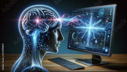The convergence of the human brain and a computer, visualizing the cutting-edge concept of brain-computer interfaces. photo