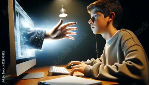 An ambiguous hand extending from the glow of a computer screen, poised to offer either help or harm. photo