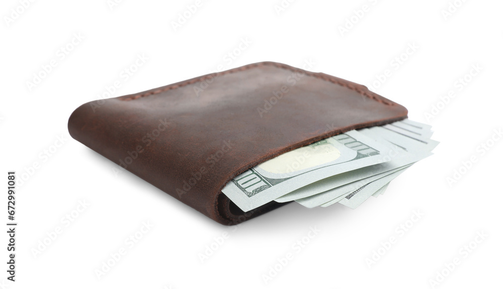 Stylish brown leather wallet with money isolated on white Stylish brown leather wallet with money isolated on white