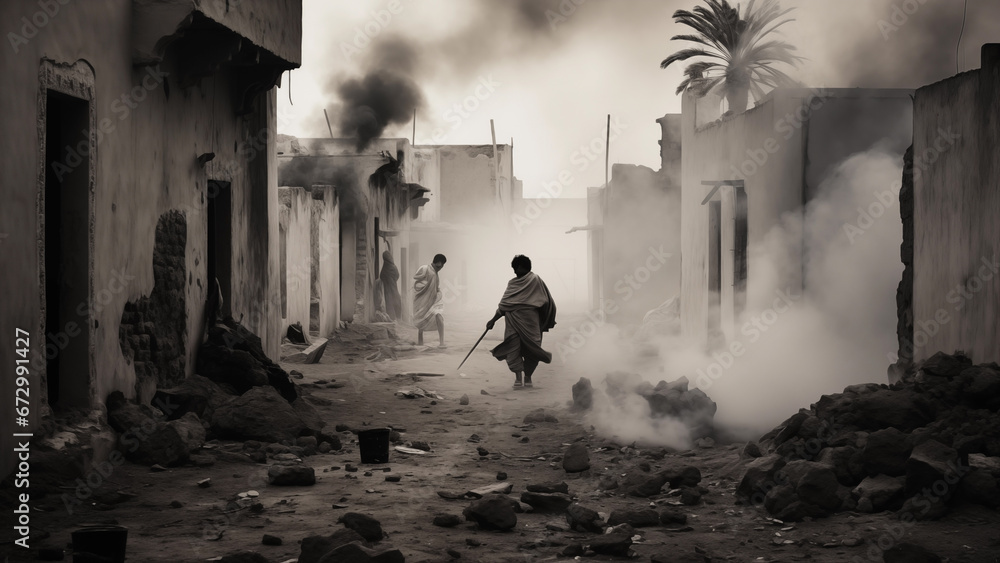 Villages devastated by war and people in despair - obrazy, fototapety, plakaty 