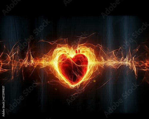 AI generated illustration of a heart-shaped silhouette burning in an orange and yellow flame