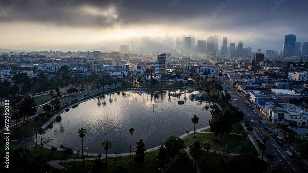 Downtown Los Angeles on a foggy morning from MacArthur Park