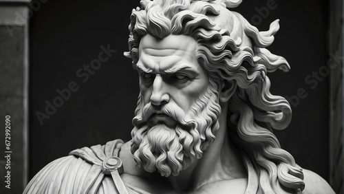 Handsome marble statue of powerful greek god Zeus over dark background, The powerful king of the gods in ancient Greek religion. photo