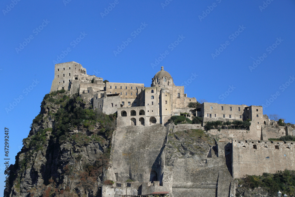 Aragonese Castle on a sunny day in Ischia, Italy 