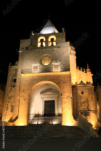 illuminated historic cathedral of Elvas at night, Portugal