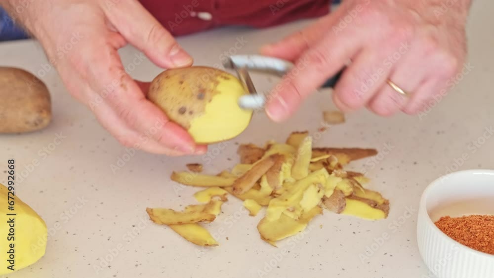 Caucasian Male Peeling Fresh Potatoes on Kitchen Worktop using Sharp Metal Peeler Caucasian Male Peeling Fresh Potatoes on Kitchen Worktop using Sharp Metal Peeler