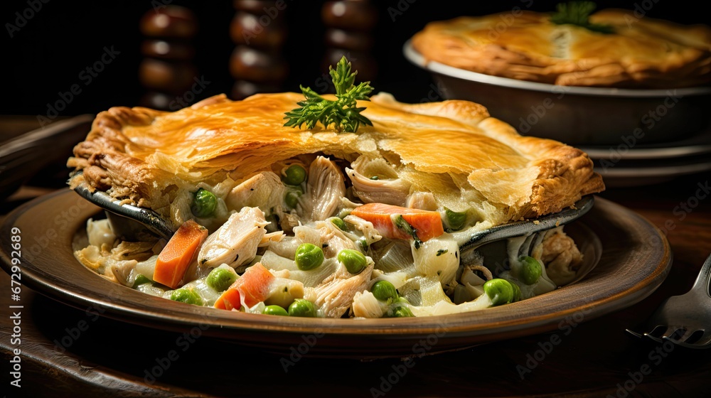 AI generated illustration of a delicious home-cooked savory chicken pie AI generated illustration of a delicious home-cooked savory chicken pie
