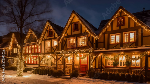 Illustration of half-timber houses in a Germán village with Christmas lighting decoration. Generative AI image