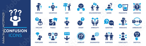Confusion icon set. Containing confused, uncertain, lost, unclear, misunderstand, hesitation, ambiguity, perplexed and more. Solid vector icons collection. photo