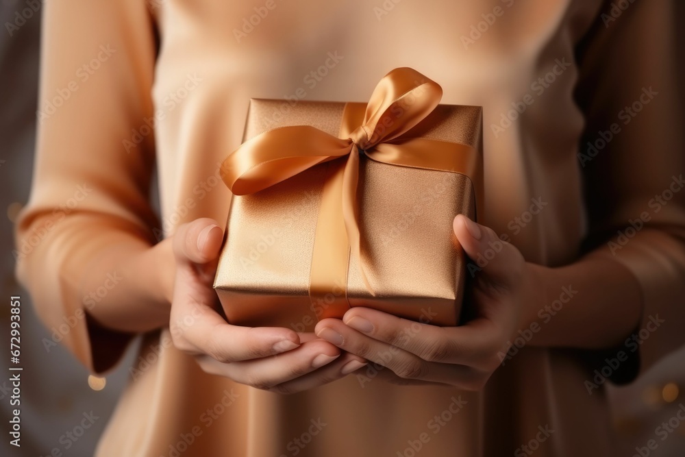 AI generated illustration of a female holding a gift package with a gold ribbon and bow