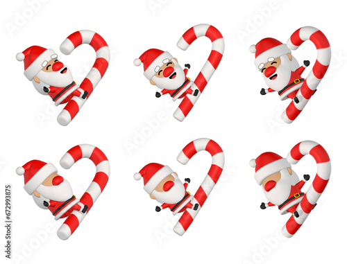 3D Cartoon Santa Claus character is flying / sitting/ riding on Christmas candy / lollipop. Transparent background png. Faceless and happy. Simple shapes. (ID: 672993875)