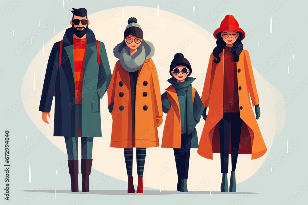 Happy family portrait illustration, winter season. Flat lay design. Generative AI.
