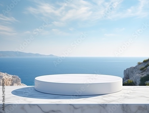 White marble podium with sea view on background, minimaliste product showcase,Generative Ai 