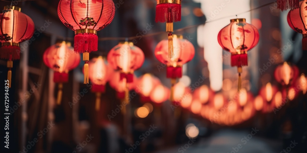Naklejka premium Red hanging lanterns hang on the street to celebrate Chinese New Year