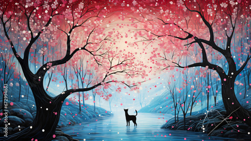 A painting of a cat standing in the middle of a forest full of red flowers photo
