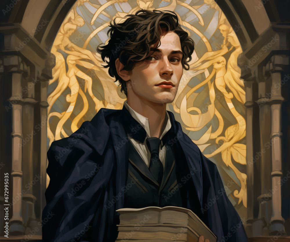 A painting of a handsome young man with a book in his hand