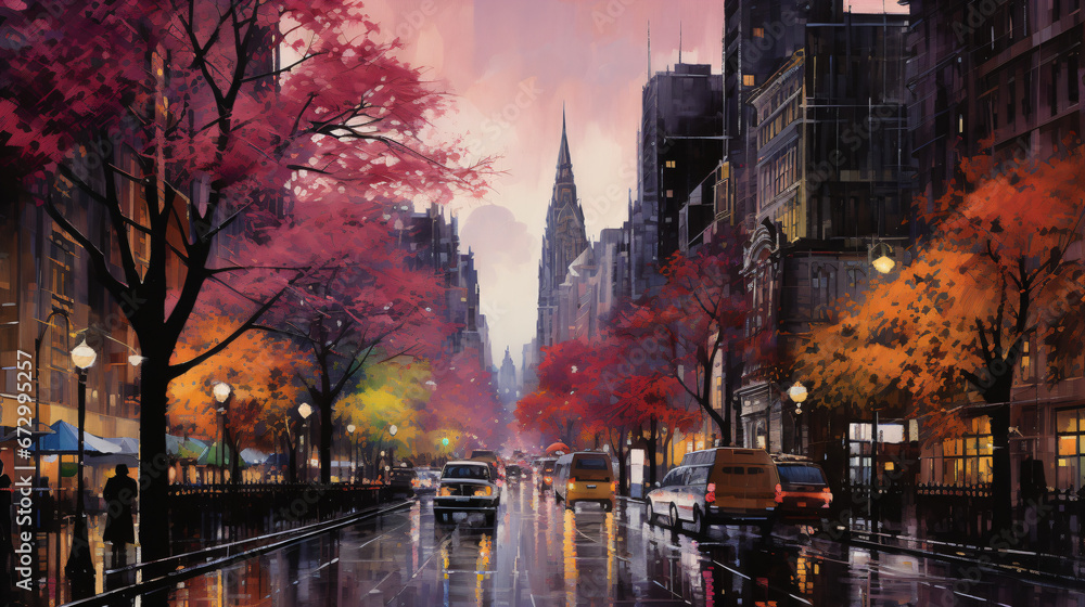 A painting of a city street at night with reflections on the wet asphalt