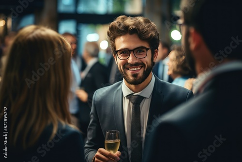 Charismatic businessman networking at a professional industry event.