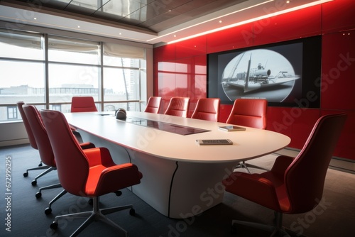Contemporary boardroom with interactive whiteboard and designer furniture.