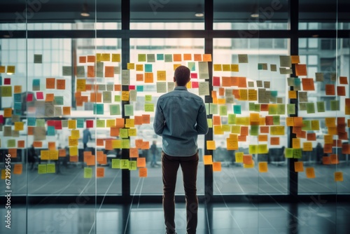 Innovative entrepreneur brainstorming with post-it notes on a glass wall. photo