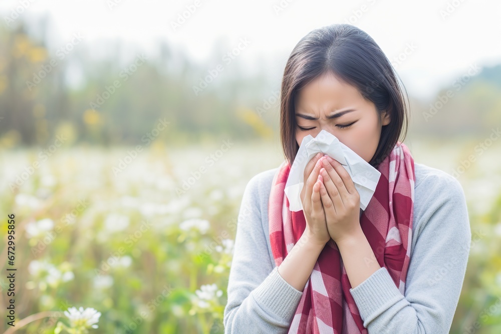 Woman holding tissue to her nose with a distressed expression, Allergies, Runny nose, Tissue, Distress, Generative Ai Woman holding tissue to her nose with a distressed expression, Allergies, Runny nose, Tissue, Distress, Generative Ai