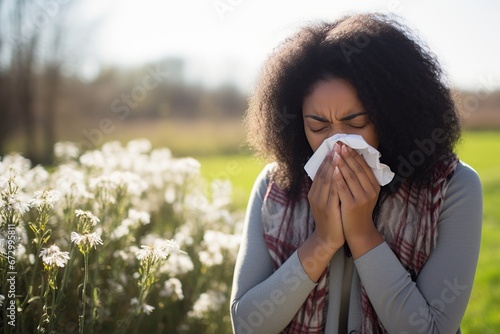 Woman holding tissue to her nose with a distressed expression, Allergies, Runny nose, Tissue, Distress, Generative Ai 