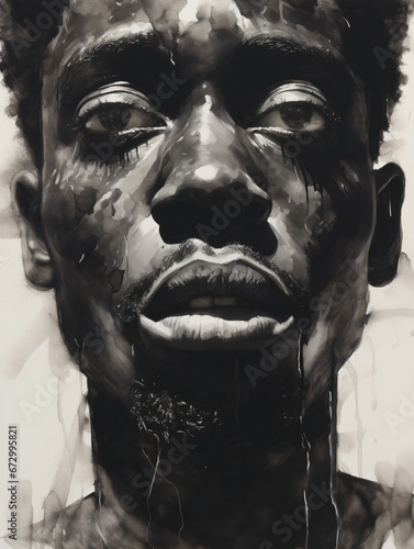 A black and white portrait painting of a black man's face suffering
