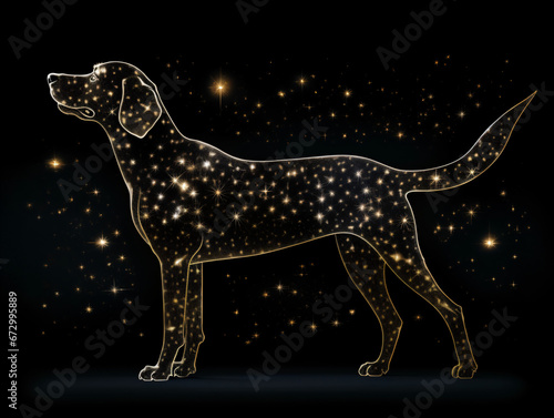 A dog silhouette made of stars in a dark sky