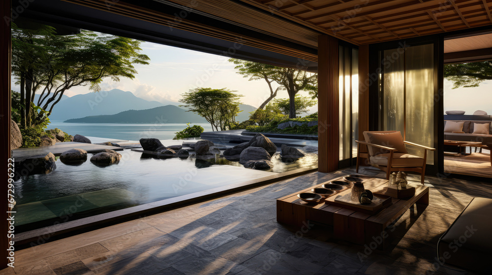 3D render interior design concept, Tranquil Japanese Resort by the Lake Natural background: A Serene Retreat and Relax with private Onsen space. travel and vacation background