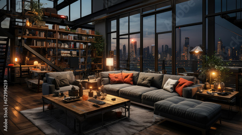 Modern Urban Living background: Small Apartment Room with a Cityscape View, lifestyle concept