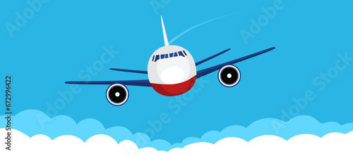 Airplane front view illustration on sky background flying. Plane on cartoon flat style