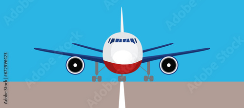 Front view of airplane with landing gear on runway. Plane vector illustration