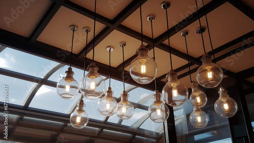 Old style halogen lamps hanging from the ceiling of a modern cafe
