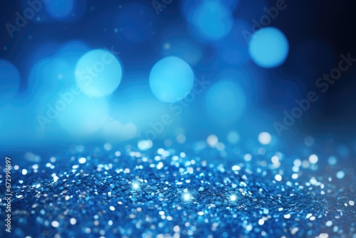 Abstract dark navy blue glitter lights background. Circle blurred bokeh. Festive backdrop for Christmas, holiday or event. Winter card or invitation