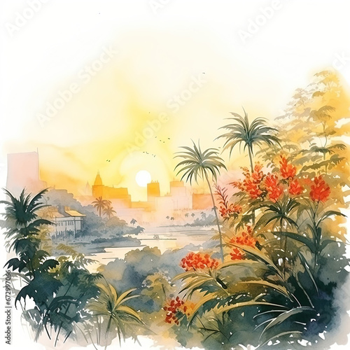 Watercolor painting  Dawn rising behind the city